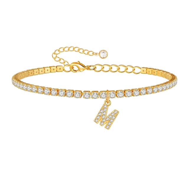 Delicate diamond initial letter charm tennis chain anklet