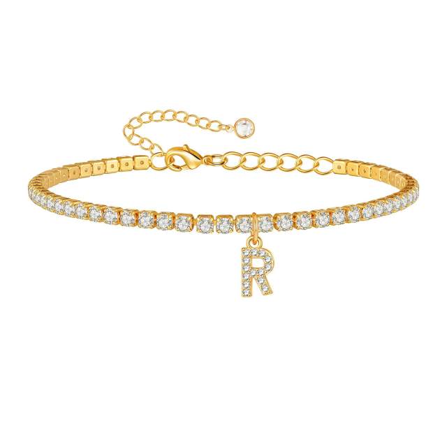 Delicate diamond initial letter charm tennis chain anklet