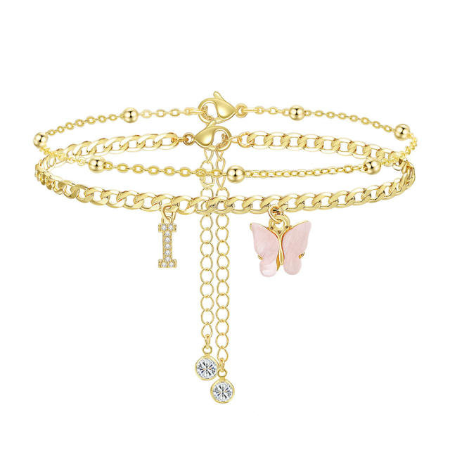 Delicate two layer pink butterfly diamond initial letter charm coppe anklet for women