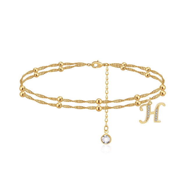 Delicate diamond initial letter charm two layer dainty women anklet