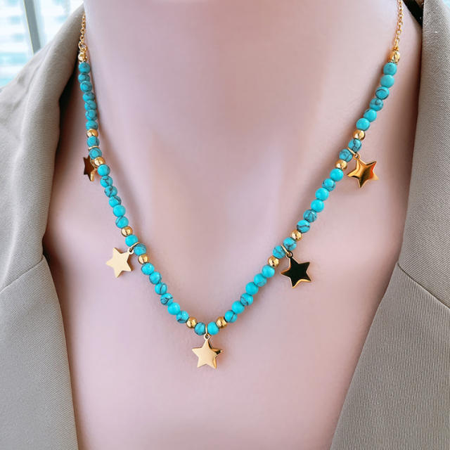 Boho turquoise bead stainless steel butterfly  star charm women necklace