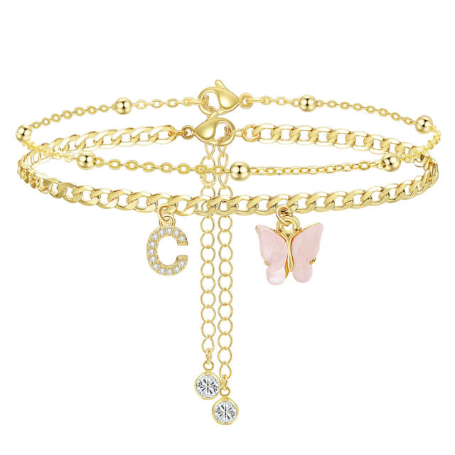 Delicate two layer pink butterfly diamond initial letter charm coppe anklet for women