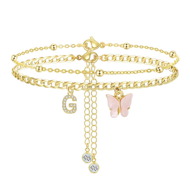 Delicate two layer pink butterfly diamond initial letter charm coppe anklet for women