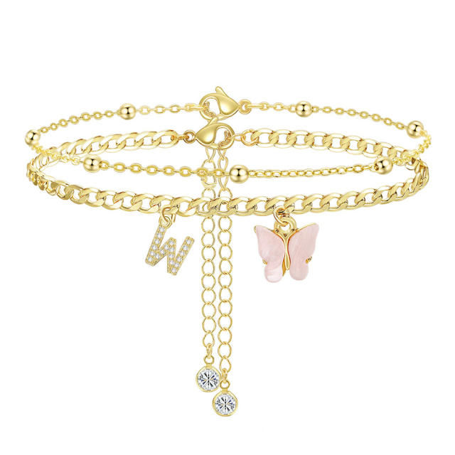 Delicate two layer pink butterfly diamond initial letter charm coppe anklet for women