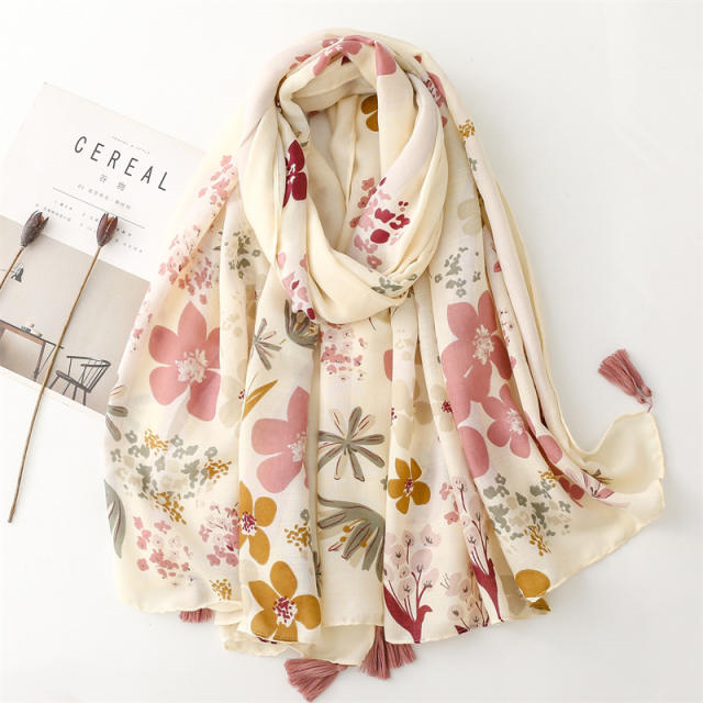 Beige color floral pattern soft women fashion scarf