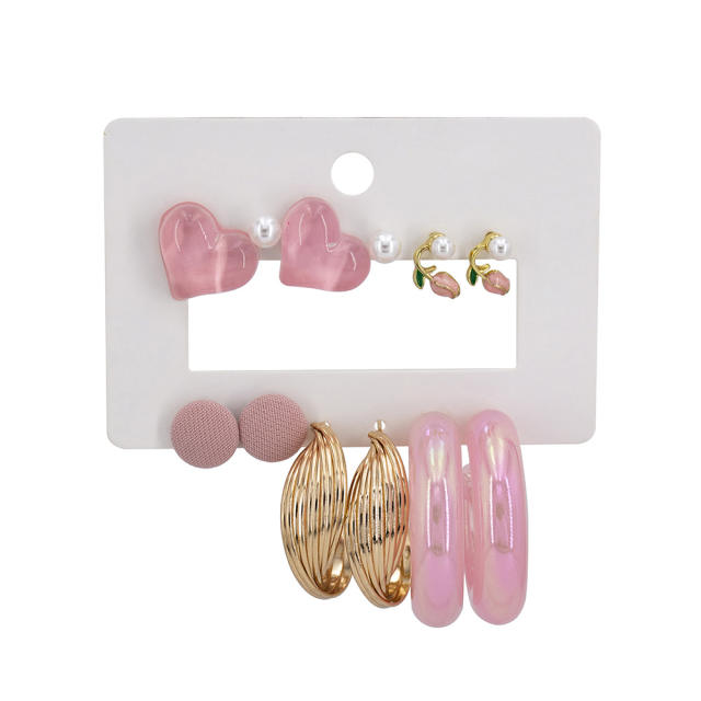 6 pair sweet pink color acrylic heart studs earrings set