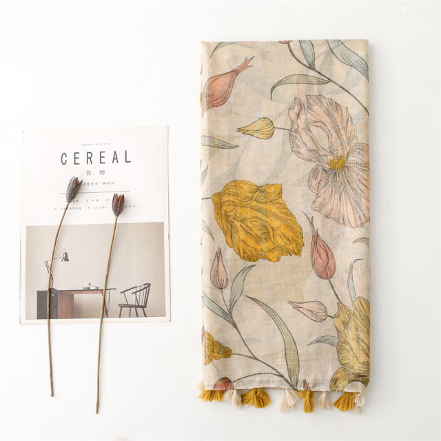 Yellow color floral pattern thin scarf