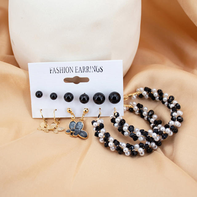 6 pair classic white black color butterfly hoop earrings set