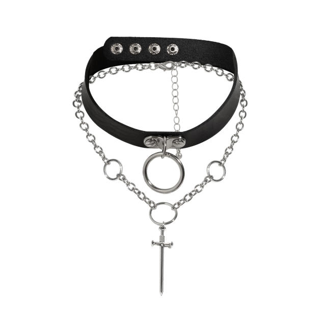 Super cool gothic black pu leather choker with chain layer choker