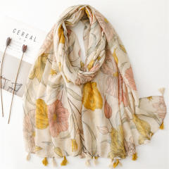 Yellow color floral pattern thin scarf