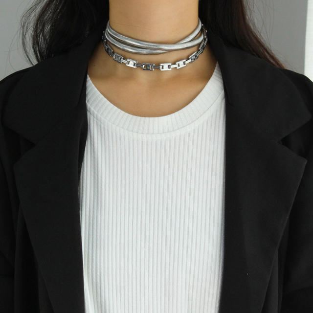 Chunky three layer stainless steel chain choker necklace