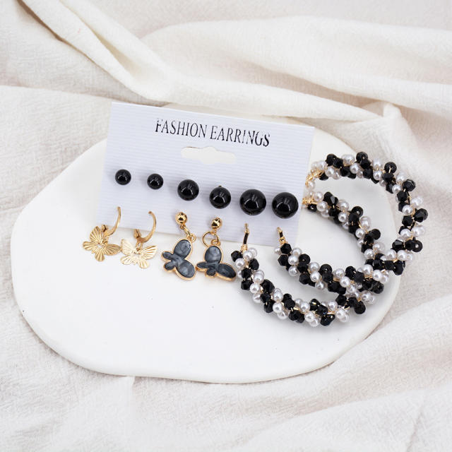 6 pair classic white black color butterfly hoop earrings set