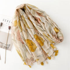 Yellow color floral pattern thin scarf
