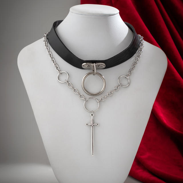 Super cool gothic black pu leather choker with chain layer choker