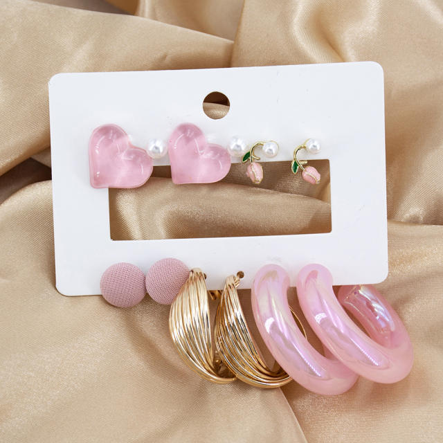 6 pair sweet pink color acrylic heart studs earrings set