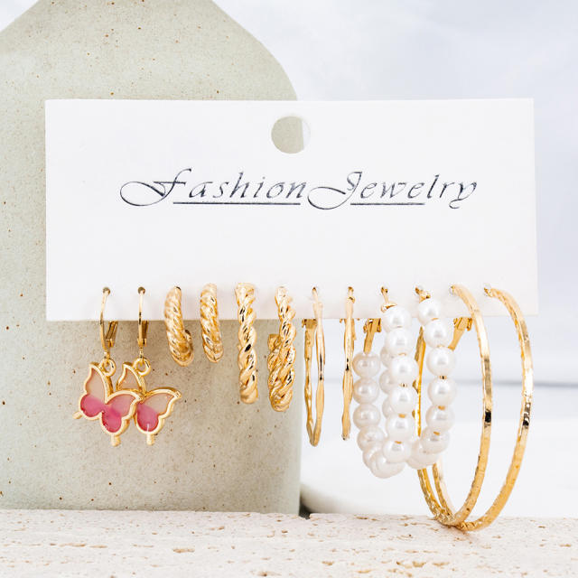 6pair gold hoop pink butterfly metal earrings set