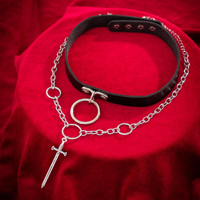 Super cool gothic black pu leather choker with chain layer choker