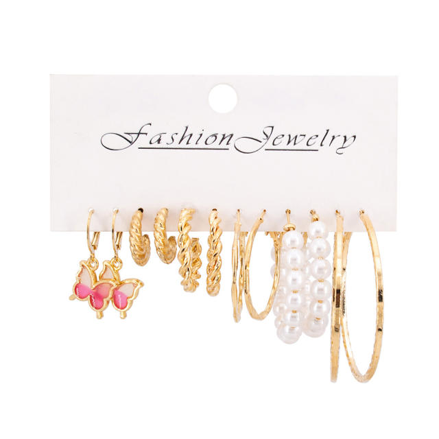 6pair gold hoop pink butterfly metal earrings set