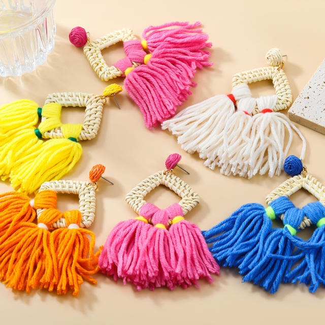 Boho colorful string rope tassel straw dangle earrings