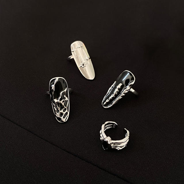 4PCS punk trend black color Y2K nail rings set