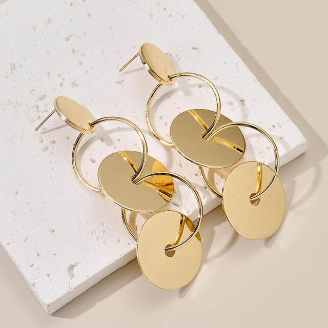 Chunky geometric gold color round piece dangle earrings