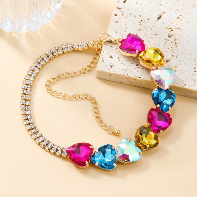 Delicate colorful heart glass crystal diamond women choker necklace