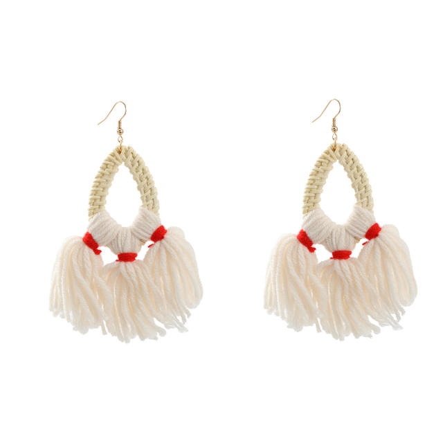 Boho colorful cotton rope tassel straw earrings