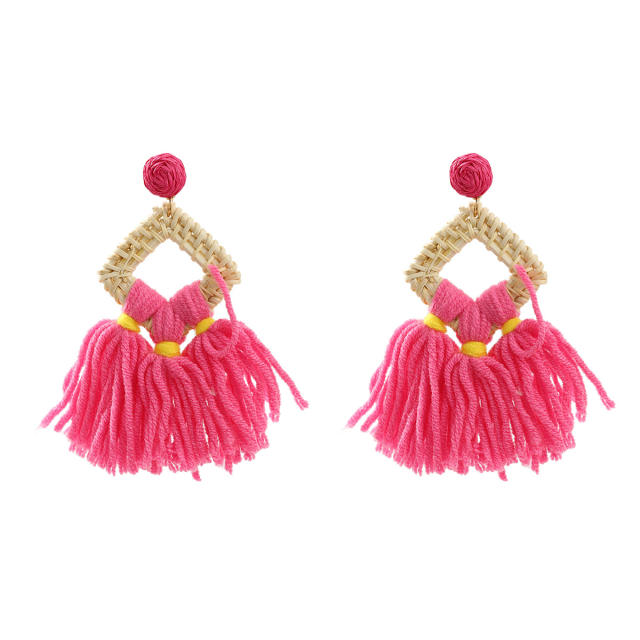 Boho colorful string rope tassel straw dangle earrings