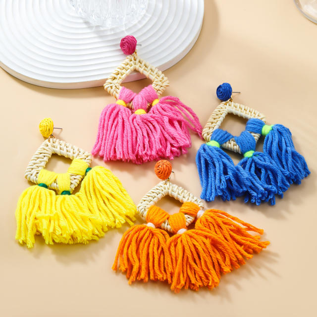 Boho colorful string rope tassel straw dangle earrings