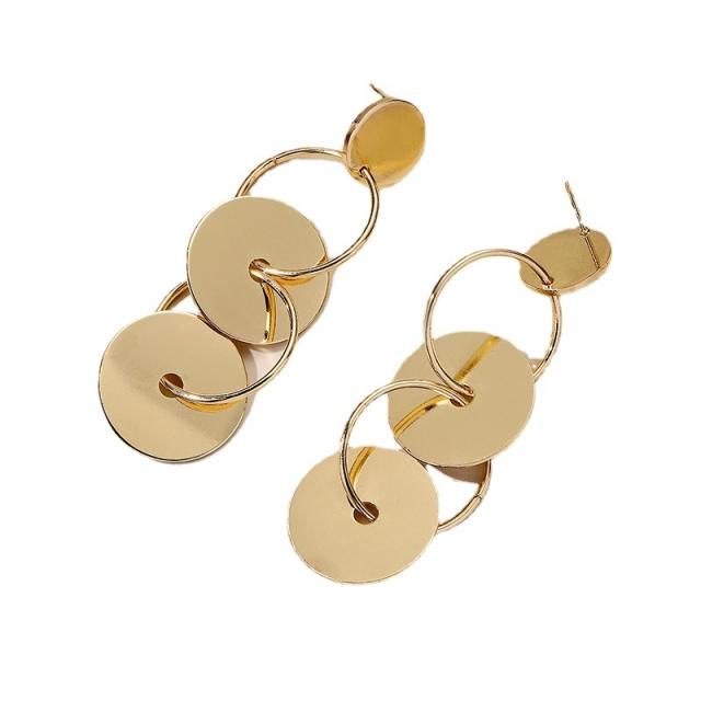 Chunky geometric gold color round piece dangle earrings
