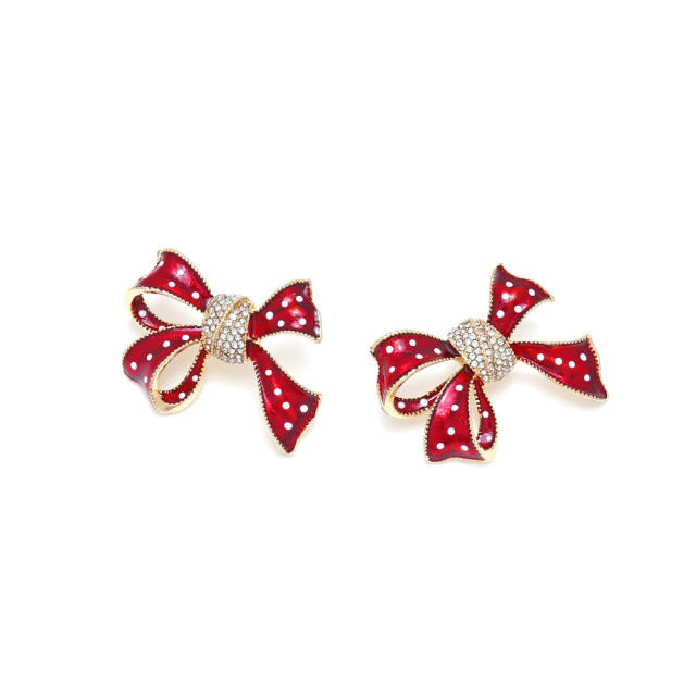 Sweet polka dot bow alloy enamel christmas festival studs earrings