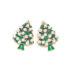 Cute pearl bead green color enamel christmas tree studs earrings