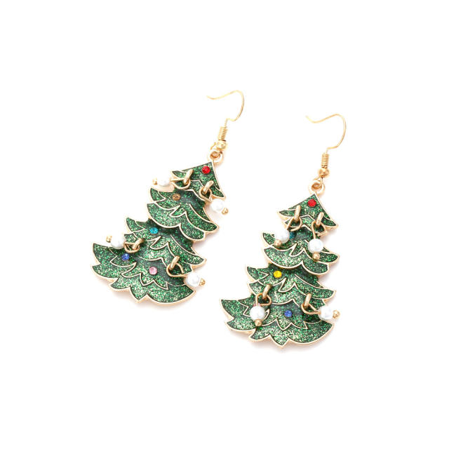 Cute green color enamel christmas tree dangle earrings