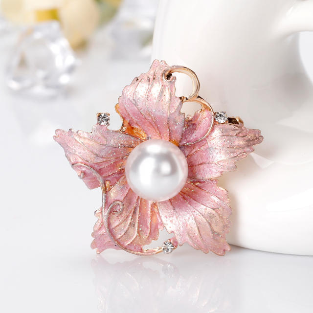 Korean fashion pink color enamel bloom flower metal brooch