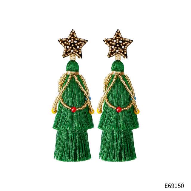 Handmade green color rope tassel star dangle earrings christmas earrings