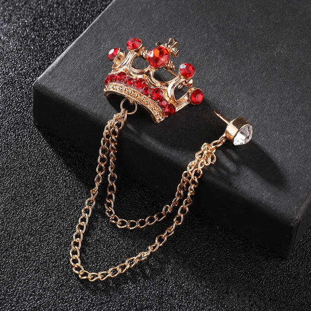 Vintage colorful rhinestone crown chain tassel men brooch