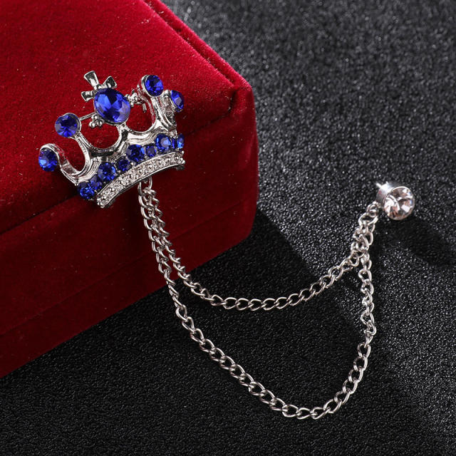 Vintage colorful rhinestone crown chain tassel men brooch