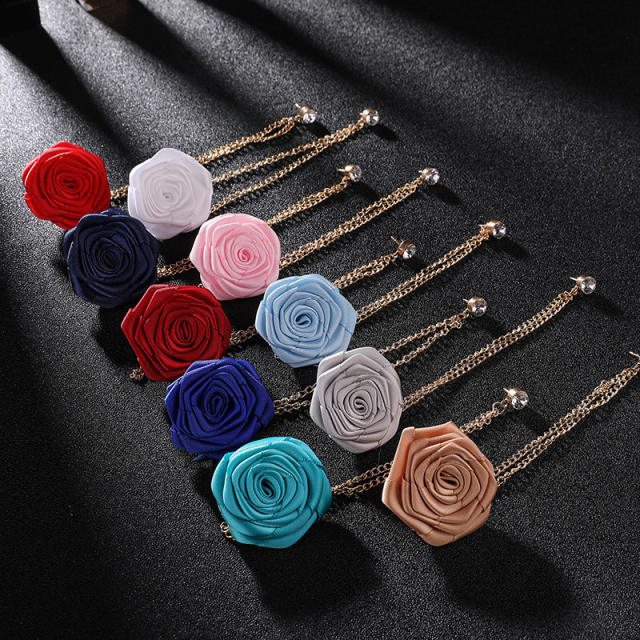 Fabric rose flower chain tassel women men vintage brooch