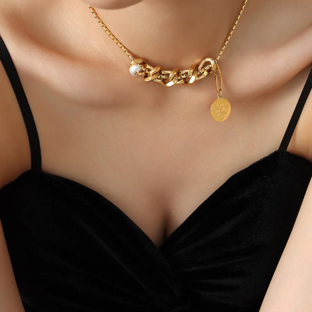 Vintage unique box chain baroque pearl coin pendant stainless steel necklace