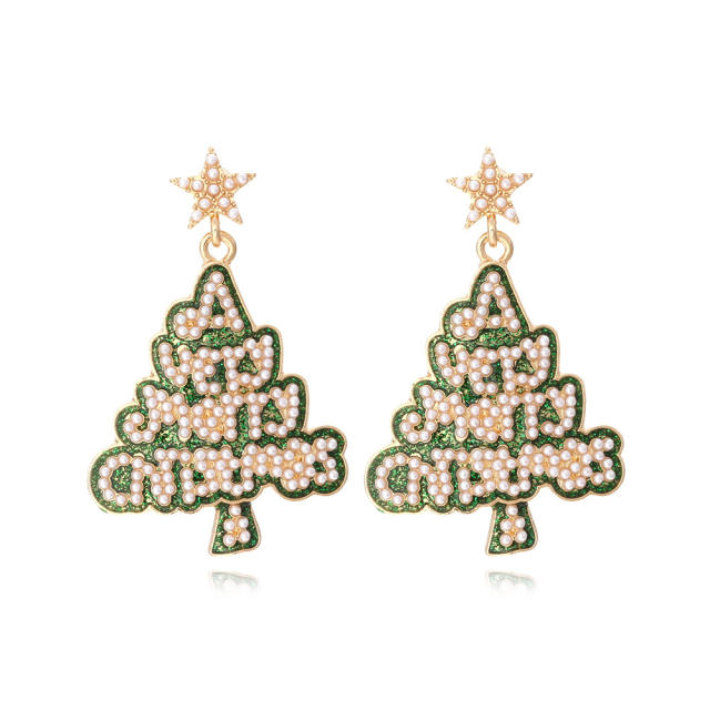 Sweet imitation pearl bead letter christmas tree dangle earrings for women