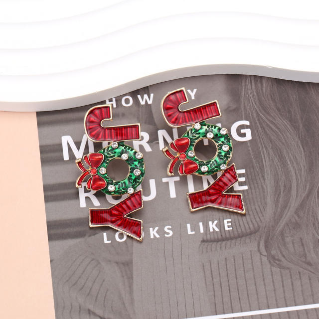 Cute red green enamel christmas JOY letter earrings