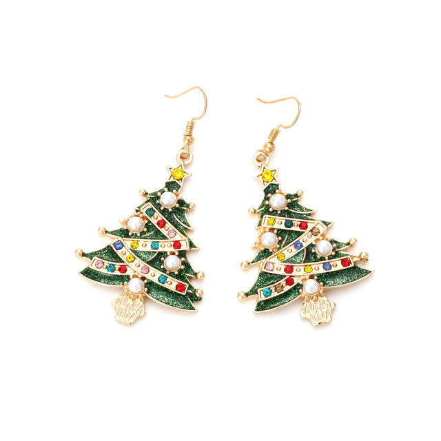 Cute imitation pearl bead green color christmas tree ear hook earrings