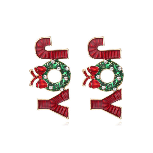 Cute red green enamel christmas JOY letter earrings