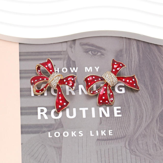 Sweet polka dot bow alloy enamel christmas festival studs earrings