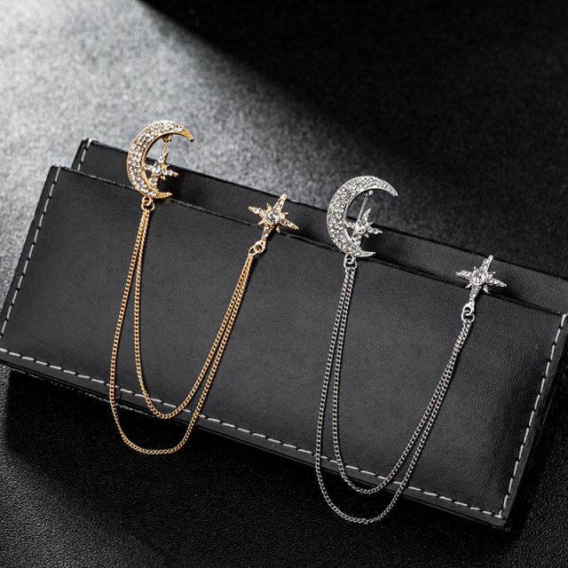 Delicate popular diamond star moon chain tassel pin brooch for men women