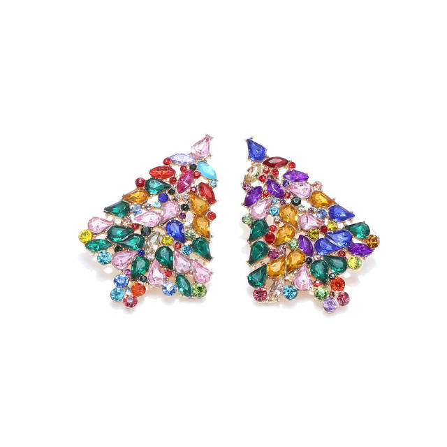Colorful rhinestone pave setting luxury christmas tree studs earrings