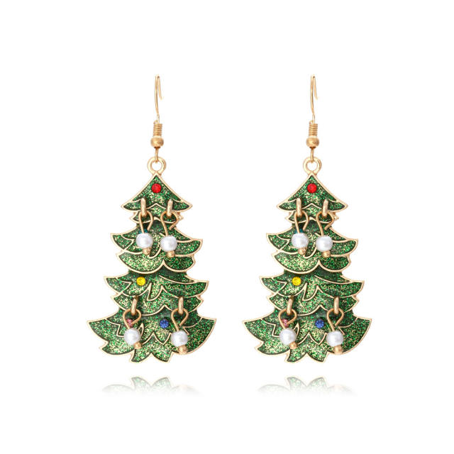 Cute green color enamel christmas tree dangle earrings