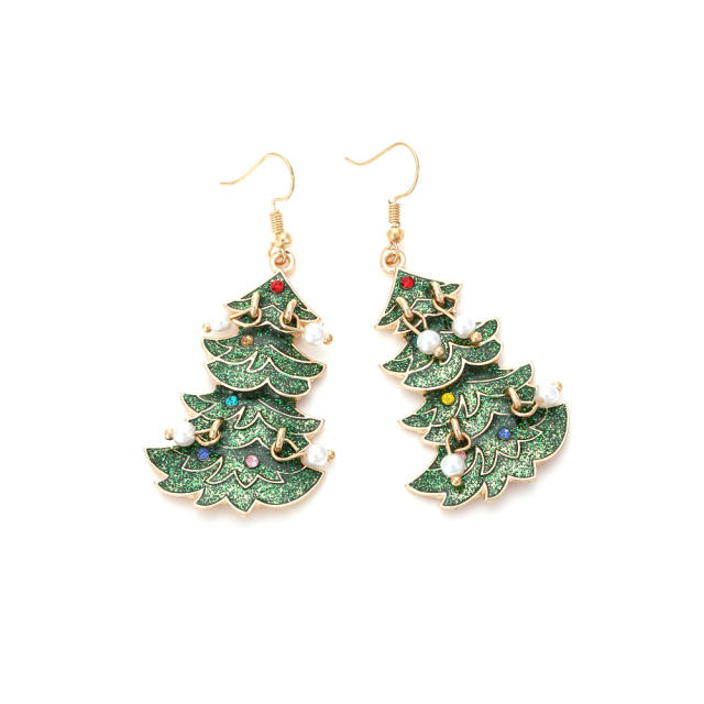 Cute green color enamel christmas tree dangle earrings