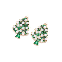 Cute pearl bead green color enamel christmas tree studs earrings