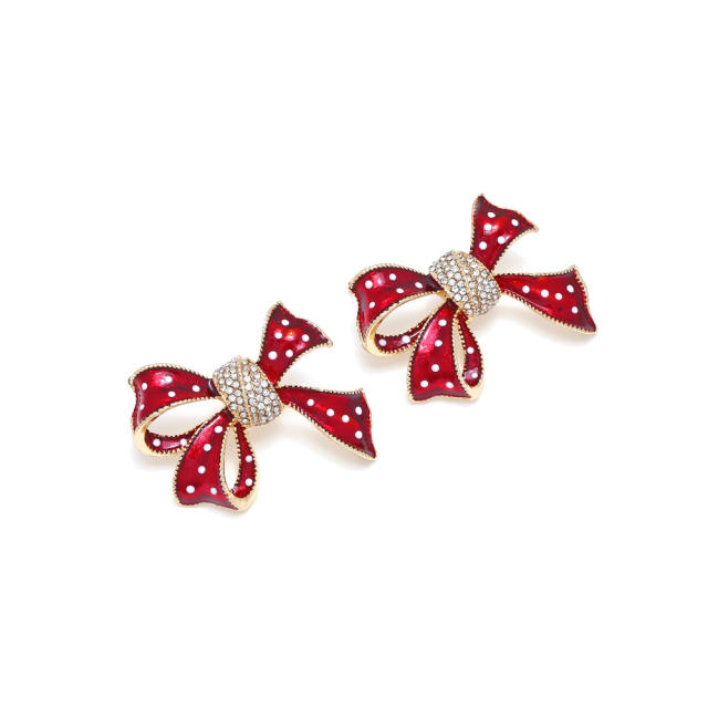 Sweet polka dot bow alloy enamel christmas festival studs earrings